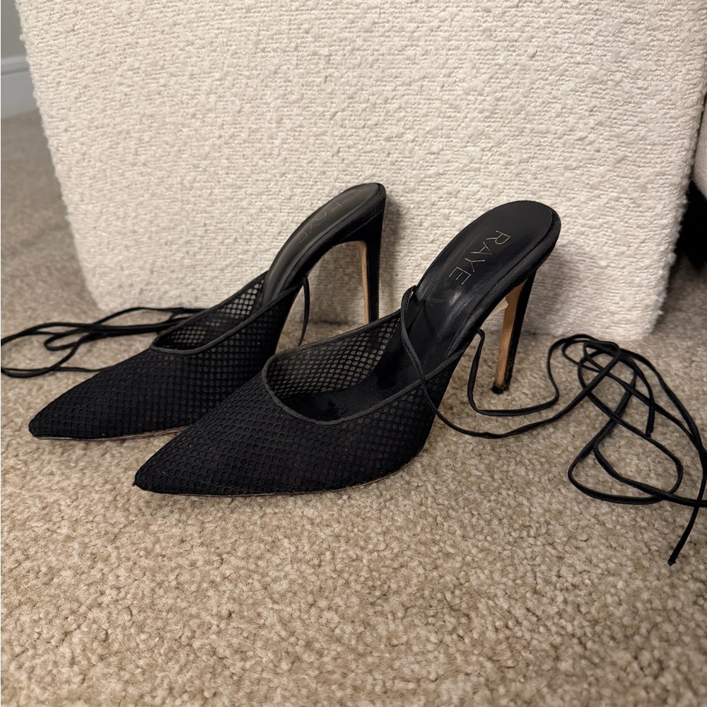 RAYE Black Mesh Pointed-Toe Lace-Up Stiletto Mules